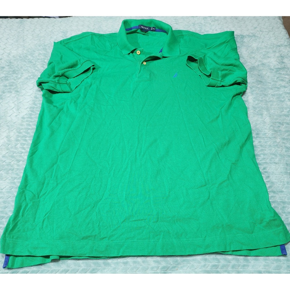 Nautica Mens XXL Green Pique Cotton Short Sleeve Polo Shirt Blue Logo Logo XXL